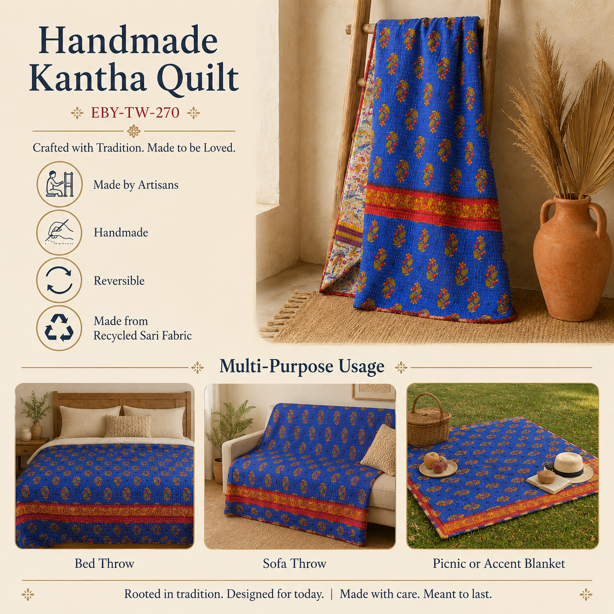 Charcoal Grey Geometric Vintage Kantha Quilt – Hand-Stitched Reversible Sari Throw, Twin | EBY-TW-270 - Image 4