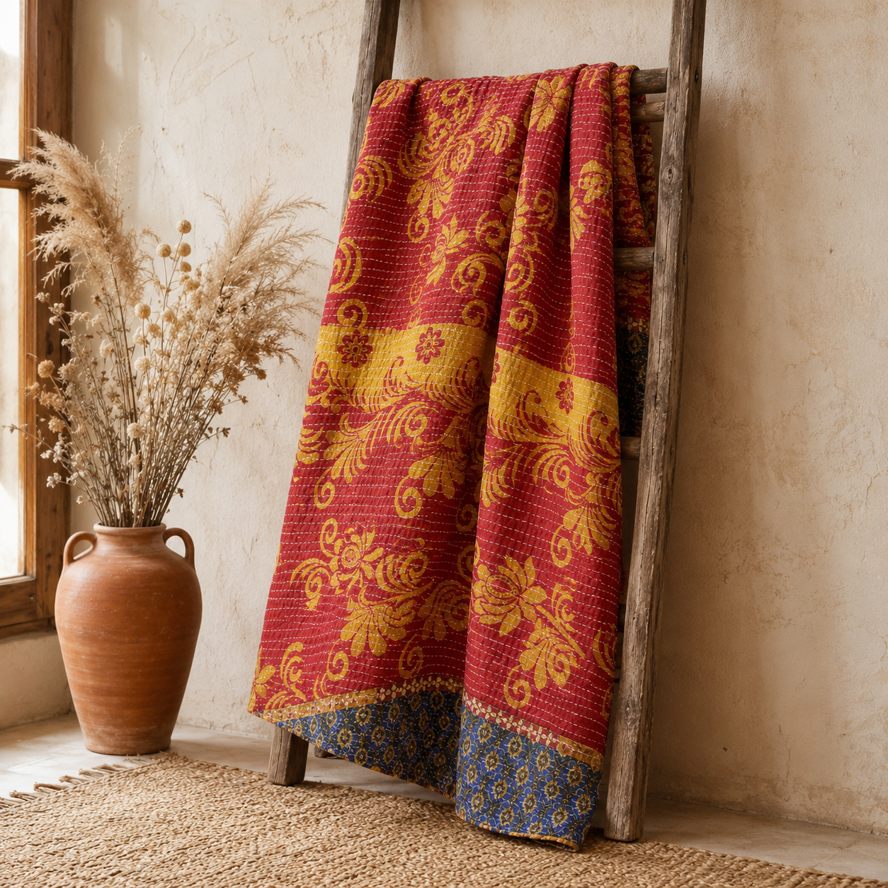 Artisan Collection No. 271 Vintage Kantha Quilt – Hand-Stitched Reversible Sari Throw, Twin | EBY-TW-271 - Image 5