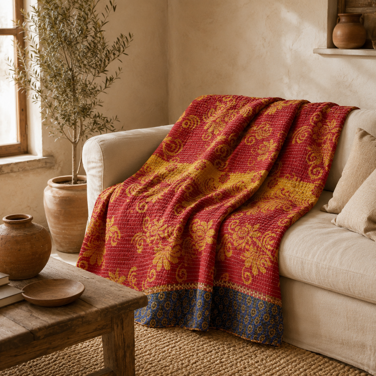 Artisan Collection No. 271 Vintage Kantha Quilt – Hand-Stitched Reversible Sari Throw, Twin | EBY-TW-271
