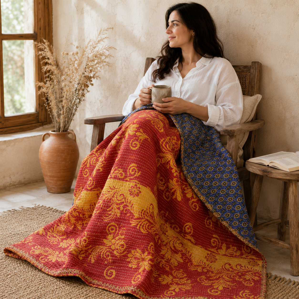 Artisan Collection No. 271 Vintage Kantha Quilt – Hand-Stitched Reversible Sari Throw, Twin | EBY-TW-271 - Image 2