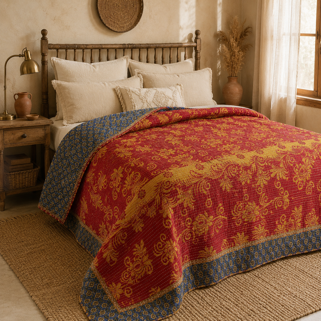 Artisan Collection No. 271 Vintage Kantha Quilt – Hand-Stitched Reversible Sari Throw, Twin | EBY-TW-271 - Image 3