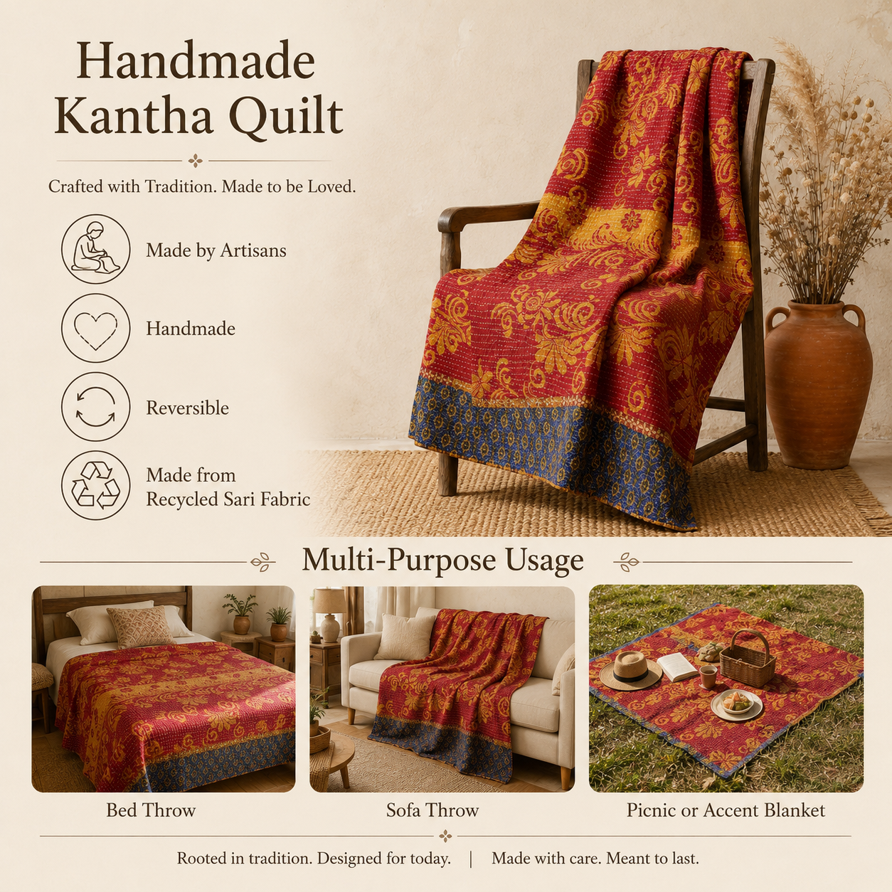 Artisan Collection No. 271 Vintage Kantha Quilt – Hand-Stitched Reversible Sari Throw, Twin | EBY-TW-271 - Image 4