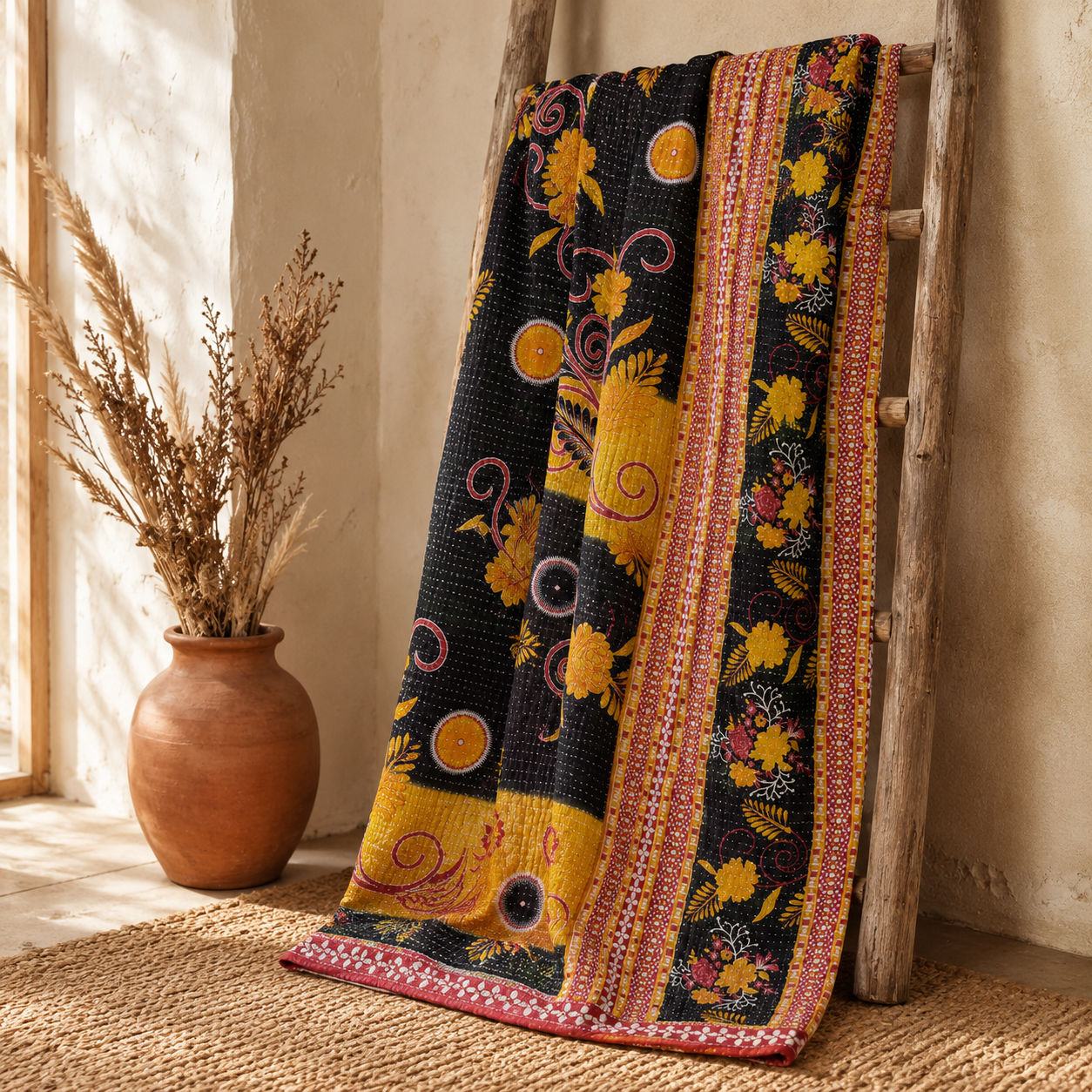 Artisan Collection No. 272 Vintage Kantha Quilt – Hand-Stitched Reversible Sari Throw, Twin | EBY-TW-272 - Image 5