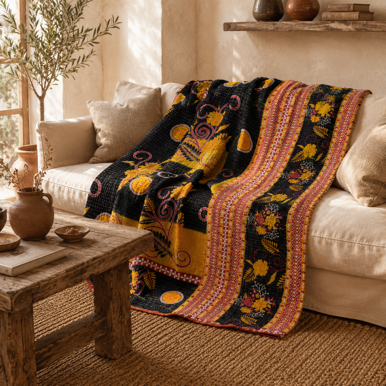 Artisan Collection No. 272 Vintage Kantha Quilt – Hand-Stitched Reversible Sari Throw, Twin | EBY-TW-272