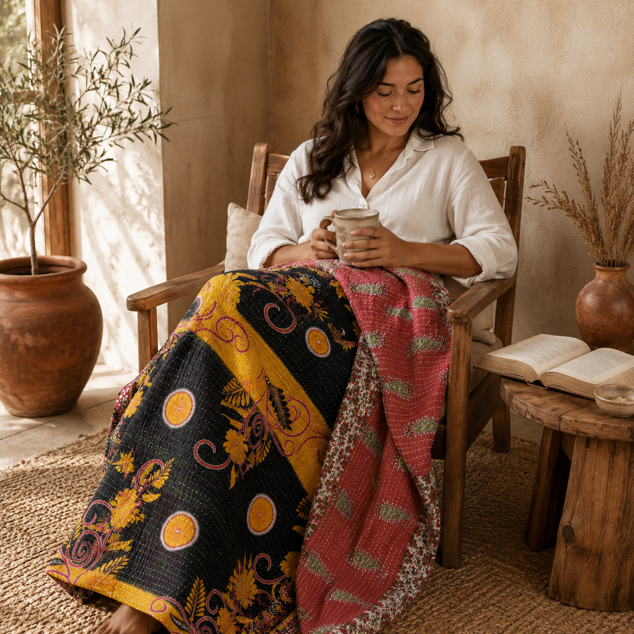 Artisan Collection No. 272 Vintage Kantha Quilt – Hand-Stitched Reversible Sari Throw, Twin | EBY-TW-272 - Image 2