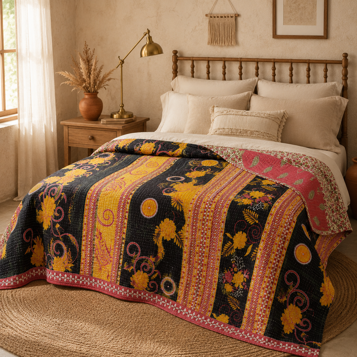 Artisan Collection No. 272 Vintage Kantha Quilt – Hand-Stitched Reversible Sari Throw, Twin | EBY-TW-272 - Image 3