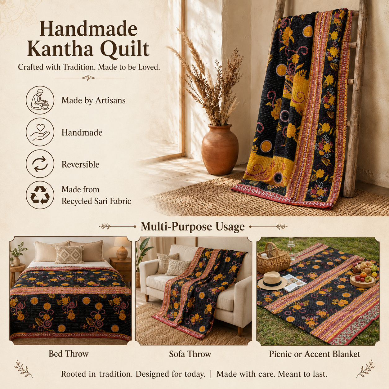Artisan Collection No. 272 Vintage Kantha Quilt – Hand-Stitched Reversible Sari Throw, Twin | EBY-TW-272 - Image 4