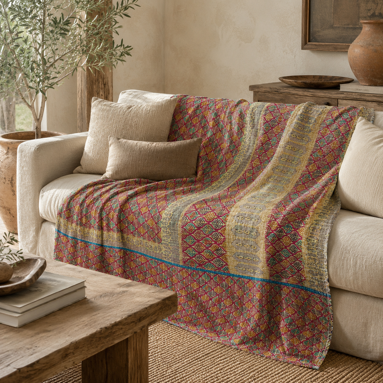 Artisan Collection No. 273 Vintage Kantha Quilt – Hand-Stitched Reversible Sari Throw, Twin | EBY-TW-273