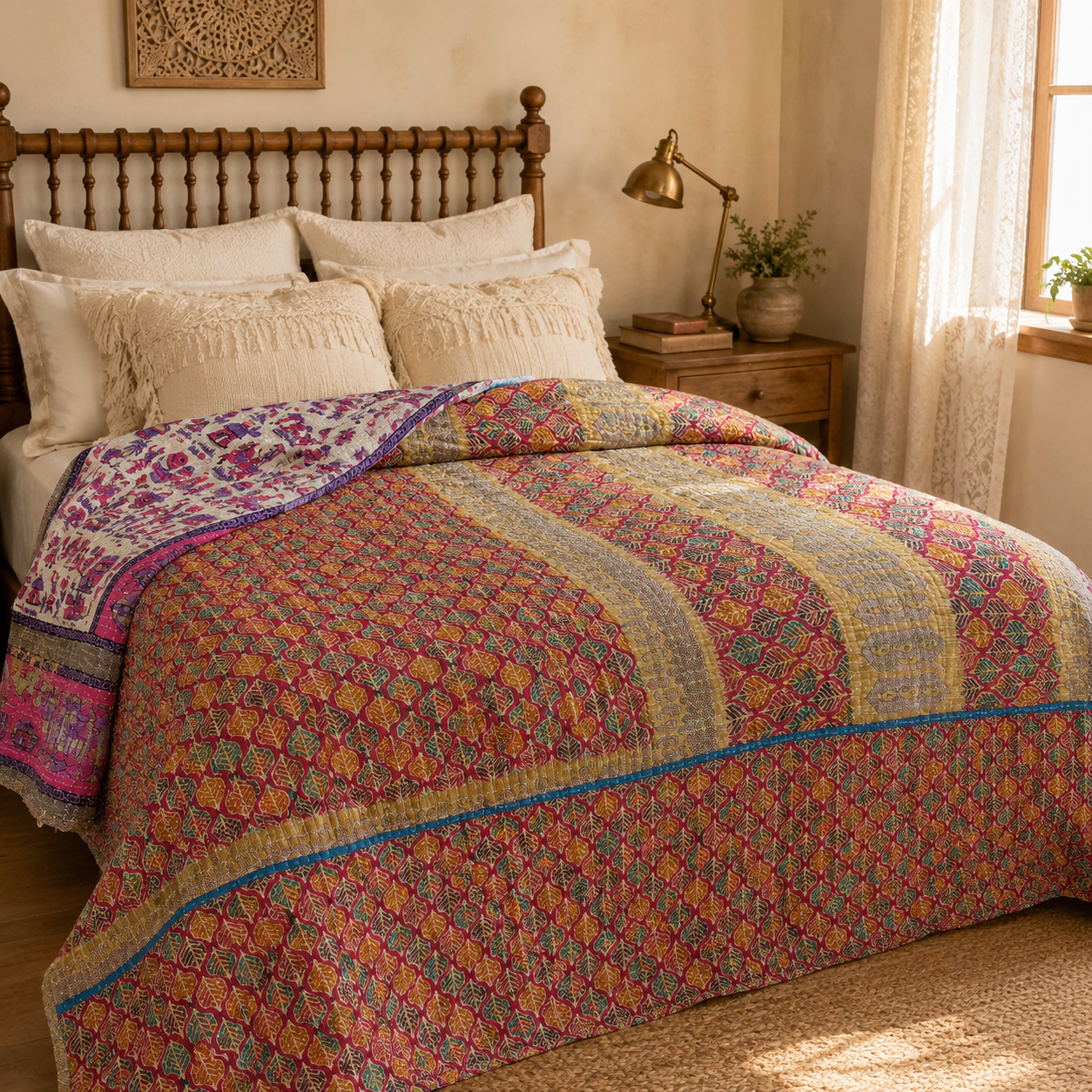 Artisan Collection No. 273 Vintage Kantha Quilt – Hand-Stitched Reversible Sari Throw, Twin | EBY-TW-273 - Image 3