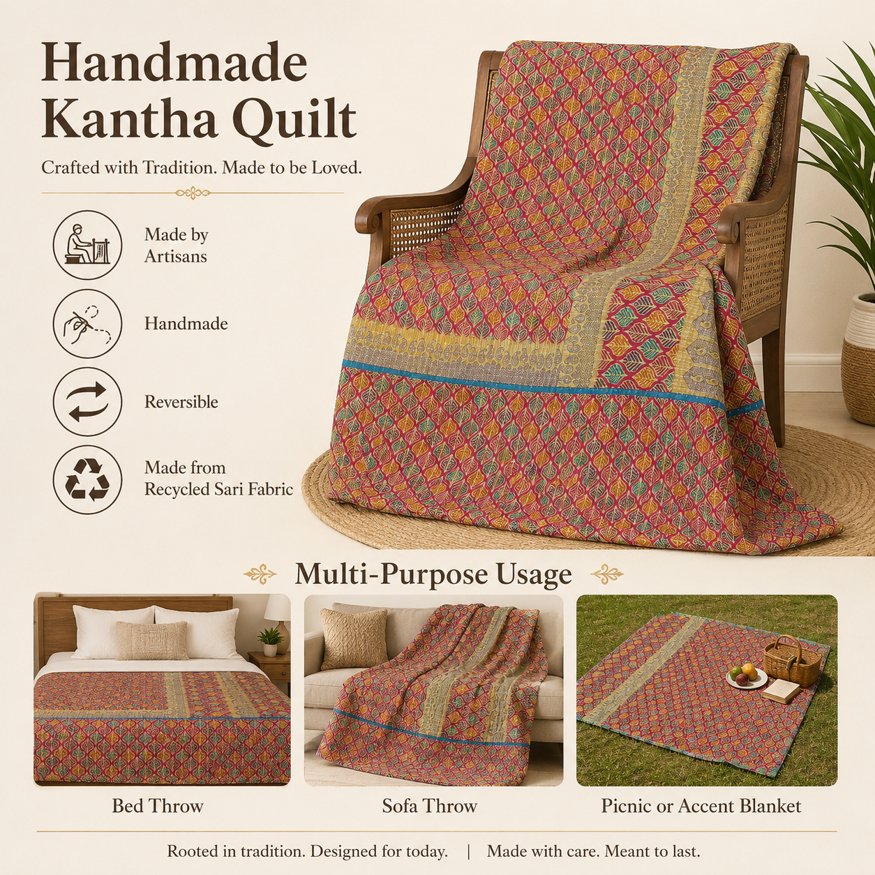 Artisan Collection No. 273 Vintage Kantha Quilt – Hand-Stitched Reversible Sari Throw, Twin | EBY-TW-273 - Image 4