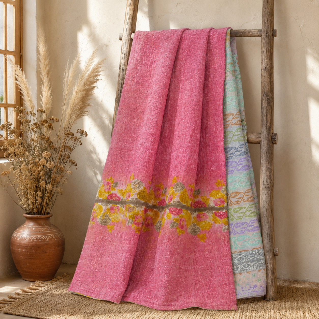 Artisan Collection No. 274 Vintage Kantha Quilt – Hand-Stitched Reversible Sari Throw, Twin | EBY-TW-274 - Image 5