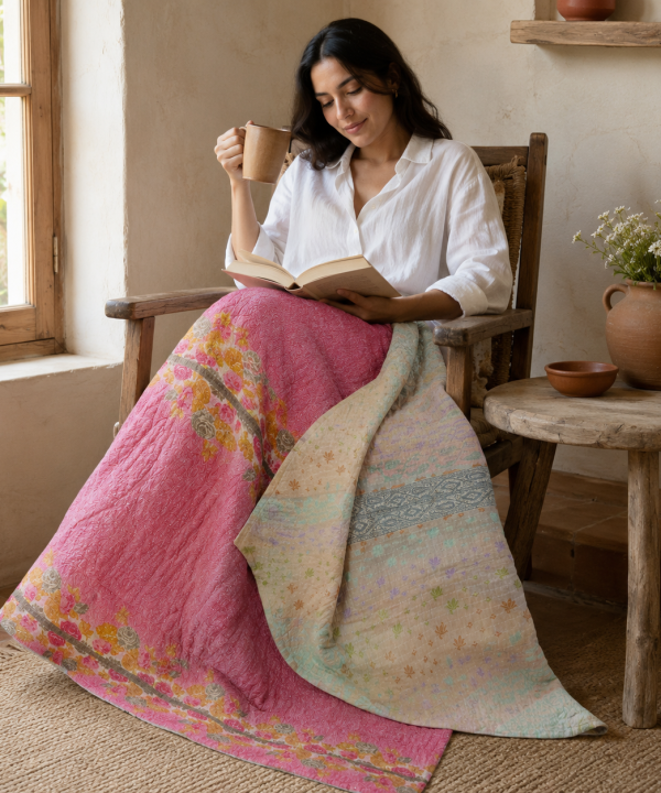 Alternative view of Artisan Collection No. 274 Vintage Kantha Quilt – Hand-Stitched Reversible Sari Throw, Twin | EBY-TW-274