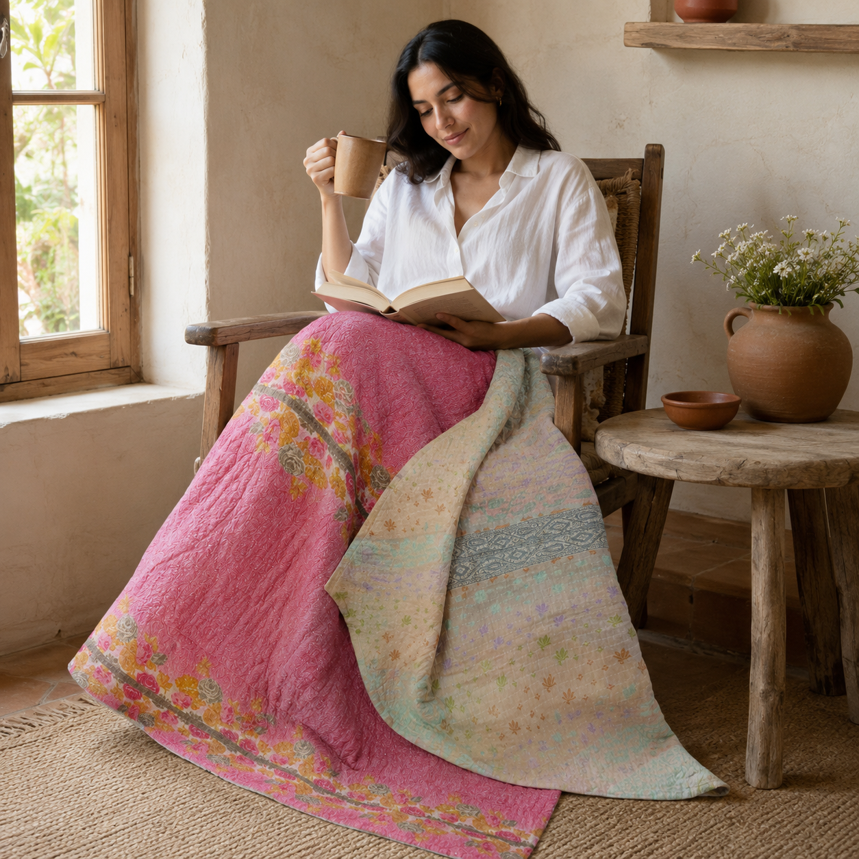 Artisan Collection No. 274 Vintage Kantha Quilt – Hand-Stitched Reversible Sari Throw, Twin | EBY-TW-274 - Image 2