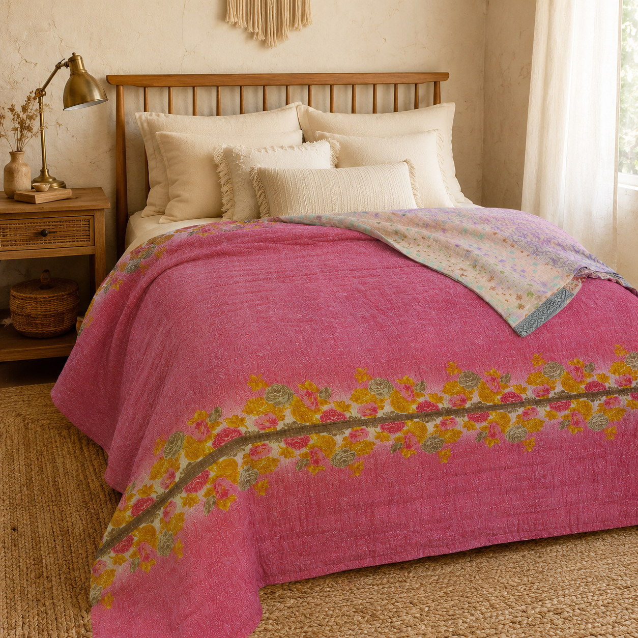 Artisan Collection No. 274 Vintage Kantha Quilt – Hand-Stitched Reversible Sari Throw, Twin | EBY-TW-274 - Image 3