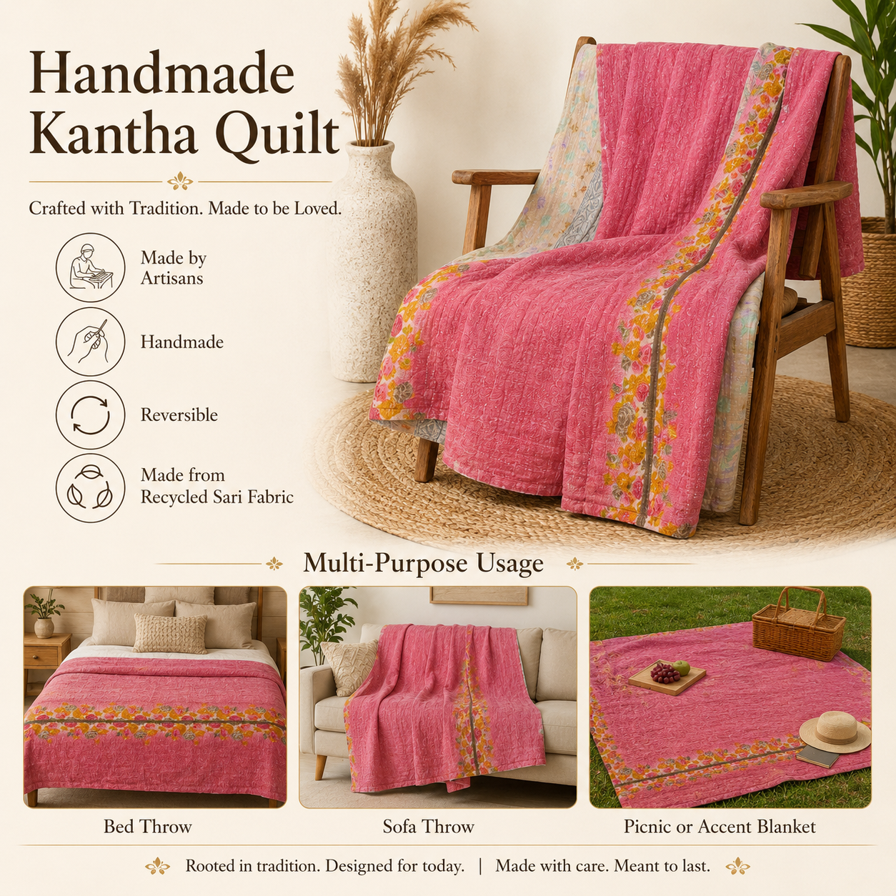 Artisan Collection No. 274 Vintage Kantha Quilt – Hand-Stitched Reversible Sari Throw, Twin | EBY-TW-274 - Image 4