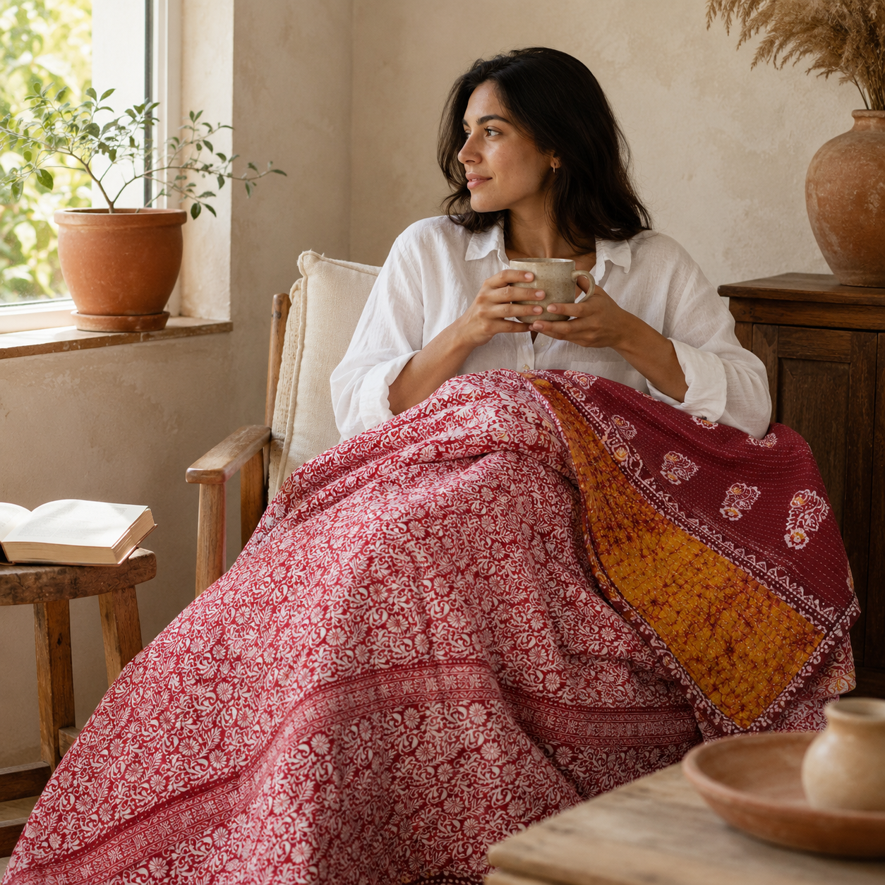 Artisan Collection No. 275 Vintage Kantha Quilt – Hand-Stitched Reversible Sari Throw, Twin | EBY-TW-275