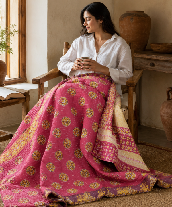 Alternative view of Artisan Collection No. 275 Vintage Kantha Quilt – Hand-Stitched Reversible Sari Throw, Twin | EBY-TW-275