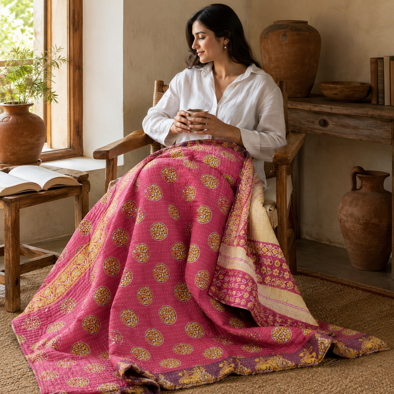 Artisan Collection No. 275 Vintage Kantha Quilt – Hand-Stitched Reversible Sari Throw, Twin | EBY-TW-275 - Image 2