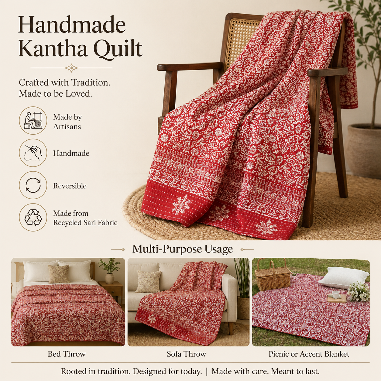 Artisan Collection No. 275 Vintage Kantha Quilt – Hand-Stitched Reversible Sari Throw, Twin | EBY-TW-275 - Image 4