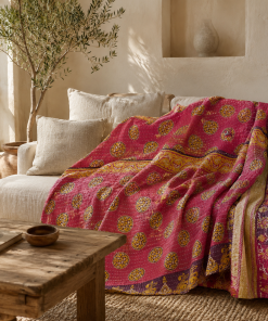 Artisan Collection No. 276 Vintage Kantha Quilt – Hand-Stitched Reversible Sari Throw, Twin | EBY-TW-276