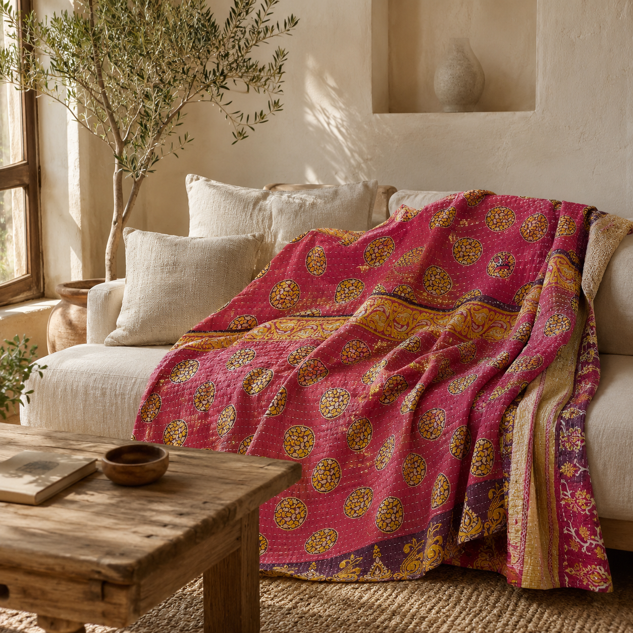Artisan Collection No. 276 Vintage Kantha Quilt – Hand-Stitched Reversible Sari Throw, Twin | EBY-TW-276