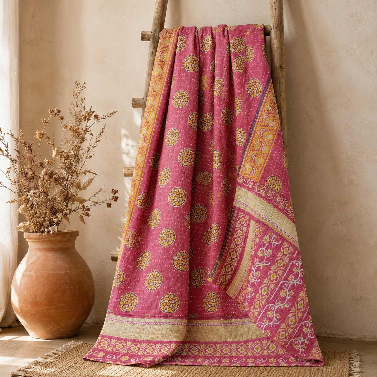 Artisan Collection No. 276 Vintage Kantha Quilt – Hand-Stitched Reversible Sari Throw, Twin | EBY-TW-276 - Image 2