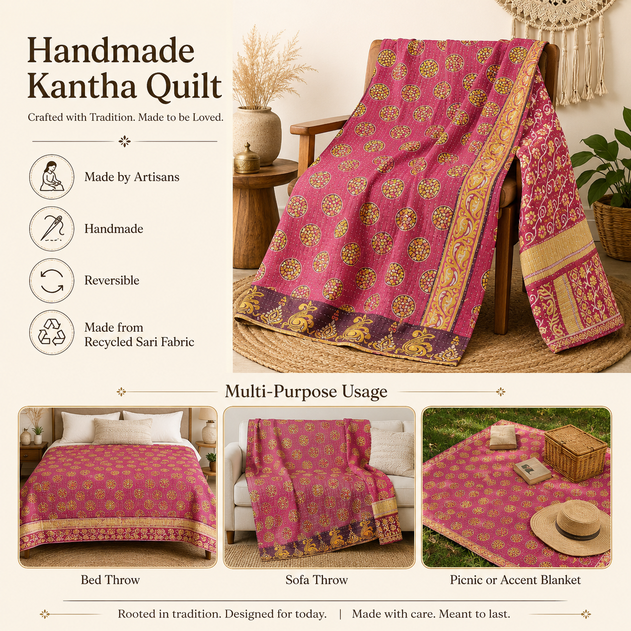 Artisan Collection No. 276 Vintage Kantha Quilt – Hand-Stitched Reversible Sari Throw, Twin | EBY-TW-276 - Image 4