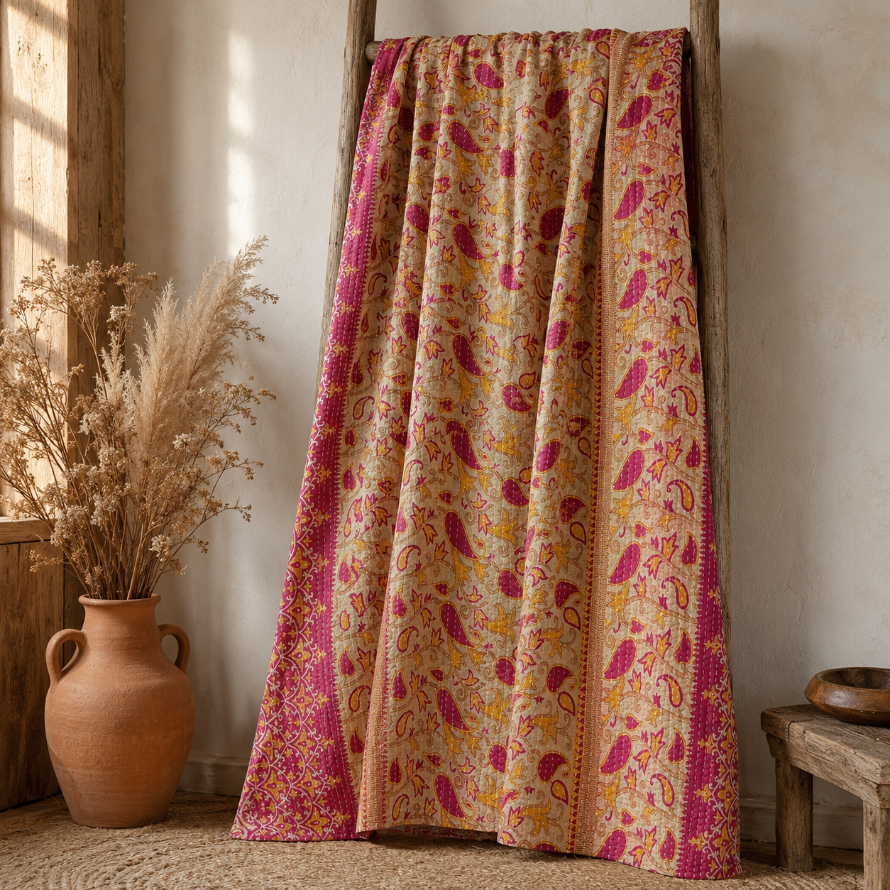 Artisan Collection No. 277 Vintage Kantha Quilt – Hand-Stitched Reversible Sari Throw, Twin | EBY-TW-277 - Image 5
