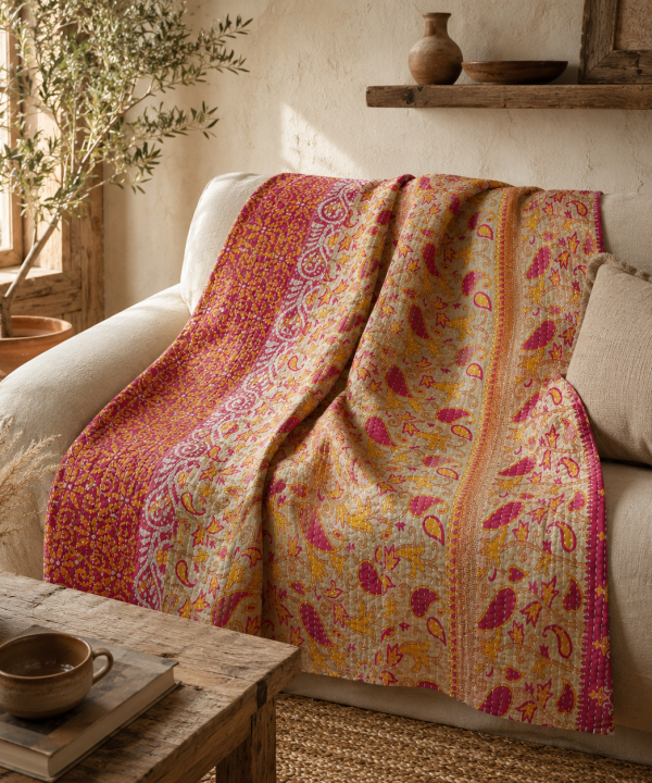 Artisan Collection No. 277 Vintage Kantha Quilt – Hand-Stitched Reversible Sari Throw, Twin | EBY-TW-277