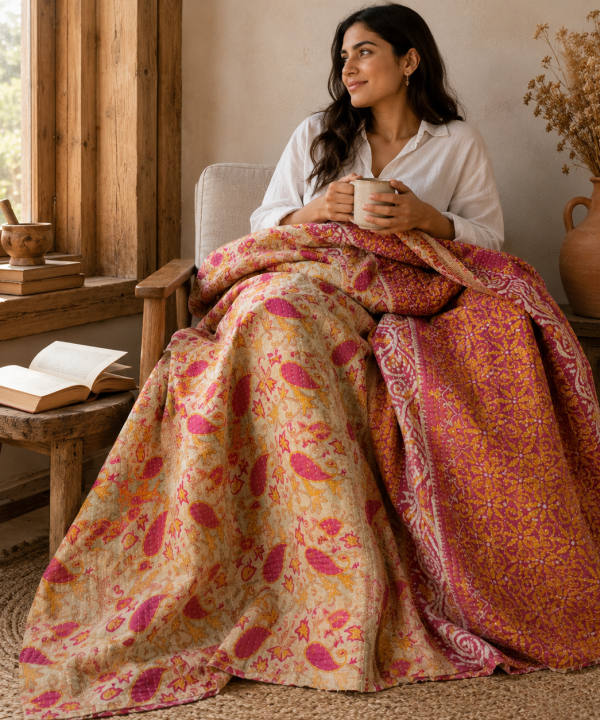 Alternative view of Artisan Collection No. 277 Vintage Kantha Quilt – Hand-Stitched Reversible Sari Throw, Twin | EBY-TW-277