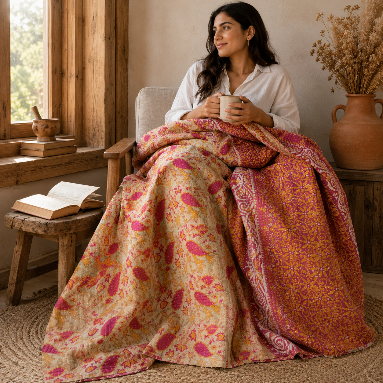 Artisan Collection No. 277 Vintage Kantha Quilt – Hand-Stitched Reversible Sari Throw, Twin | EBY-TW-277 - Image 2