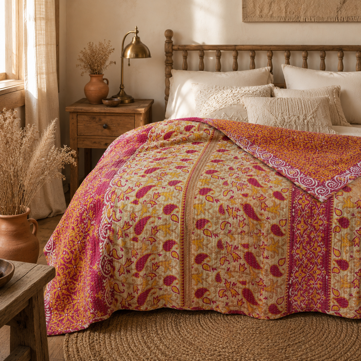 Artisan Collection No. 277 Vintage Kantha Quilt – Hand-Stitched Reversible Sari Throw, Twin | EBY-TW-277 - Image 3