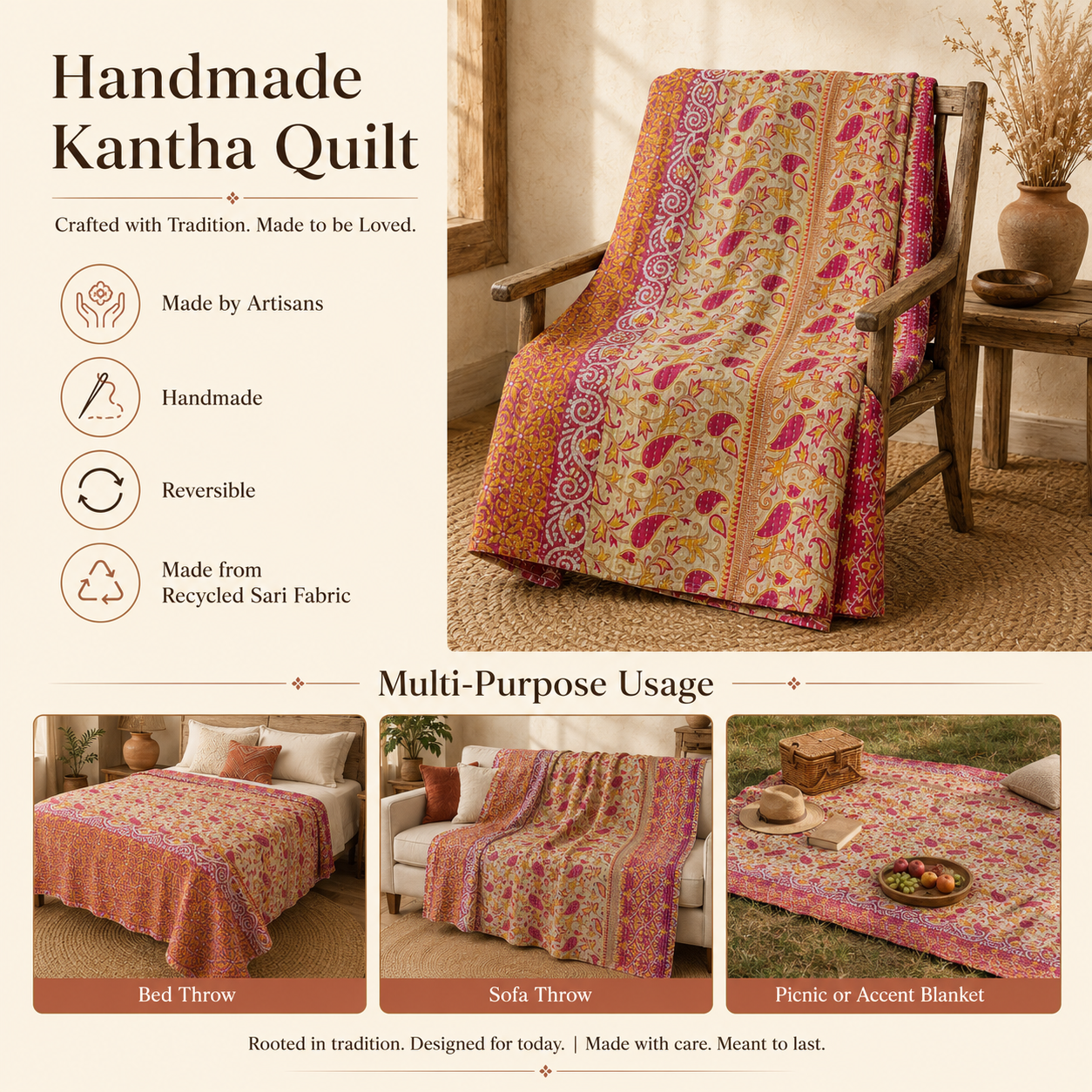 Artisan Collection No. 277 Vintage Kantha Quilt – Hand-Stitched Reversible Sari Throw, Twin | EBY-TW-277 - Image 4
