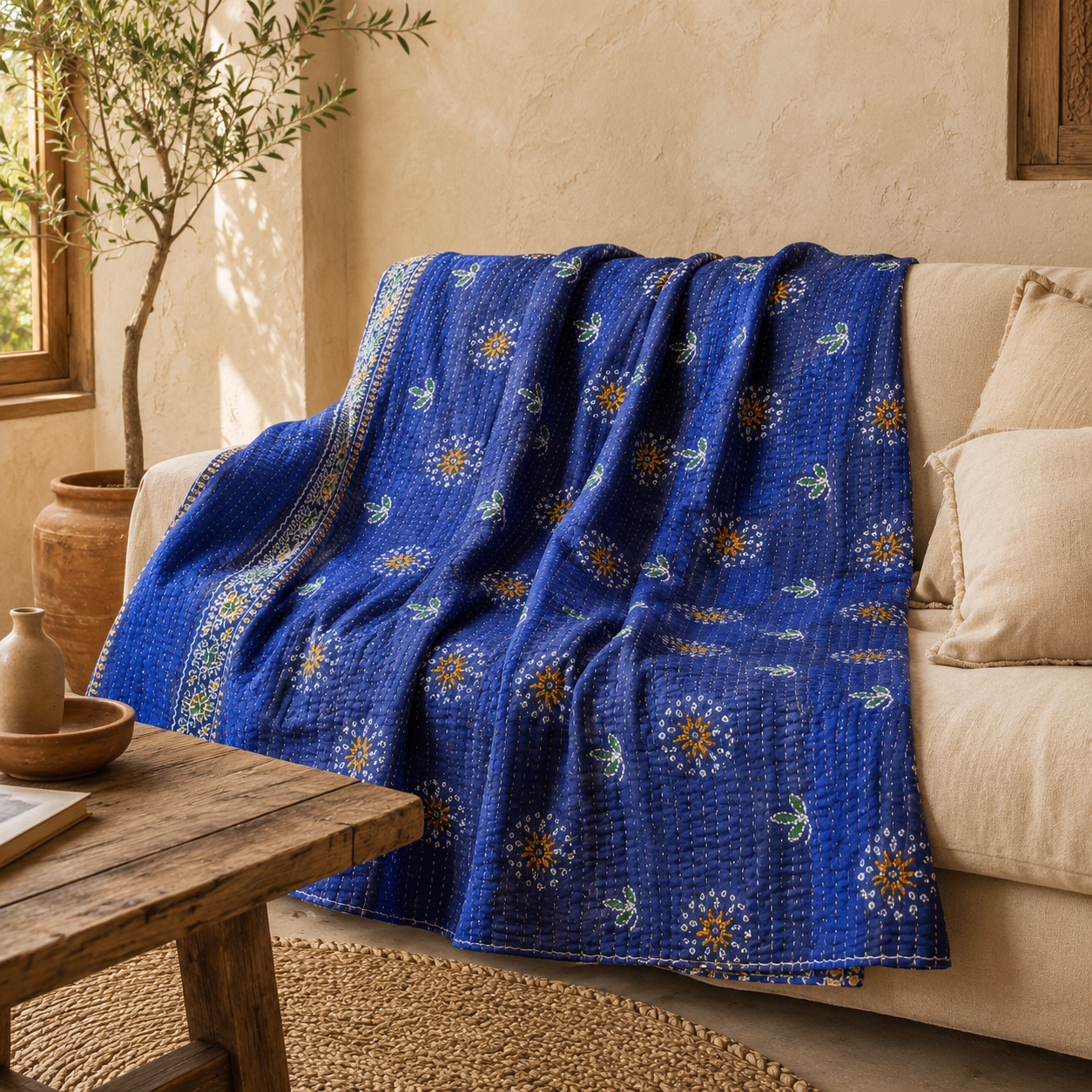 Artisan Collection No. 278 Vintage Kantha Quilt – Hand-Stitched Reversible Sari Throw, Twin | EBY-TW-278