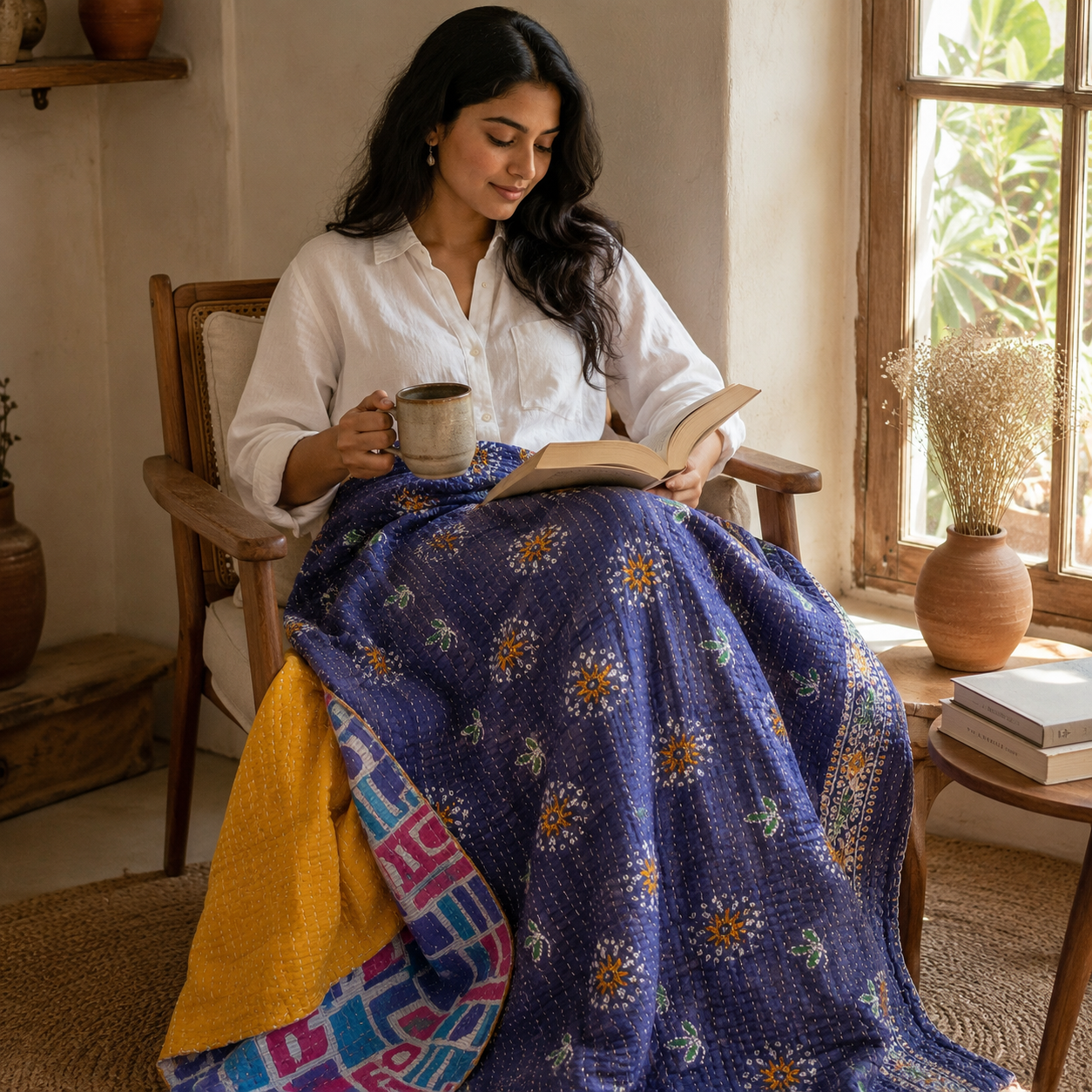 Artisan Collection No. 278 Vintage Kantha Quilt – Hand-Stitched Reversible Sari Throw, Twin | EBY-TW-278 - Image 2