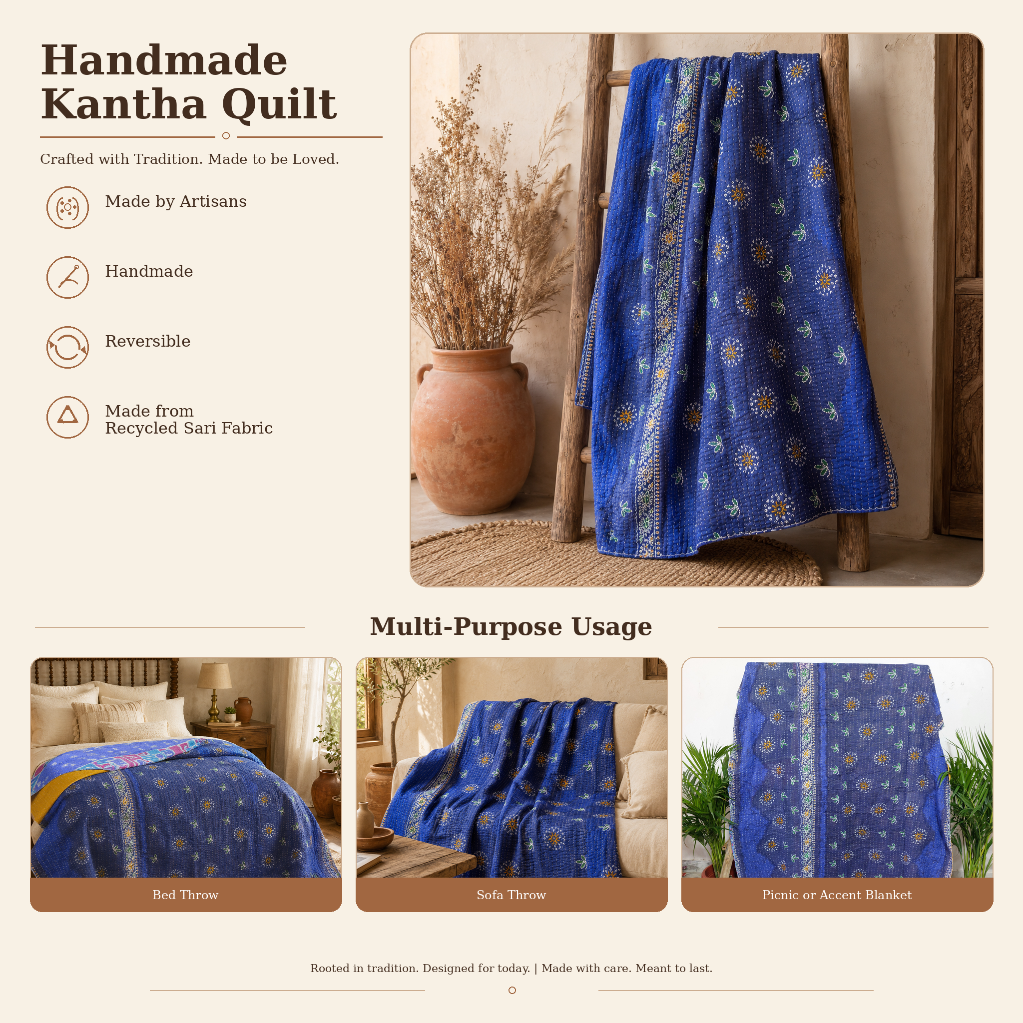 Artisan Collection No. 278 Vintage Kantha Quilt – Hand-Stitched Reversible Sari Throw, Twin | EBY-TW-278 - Image 4