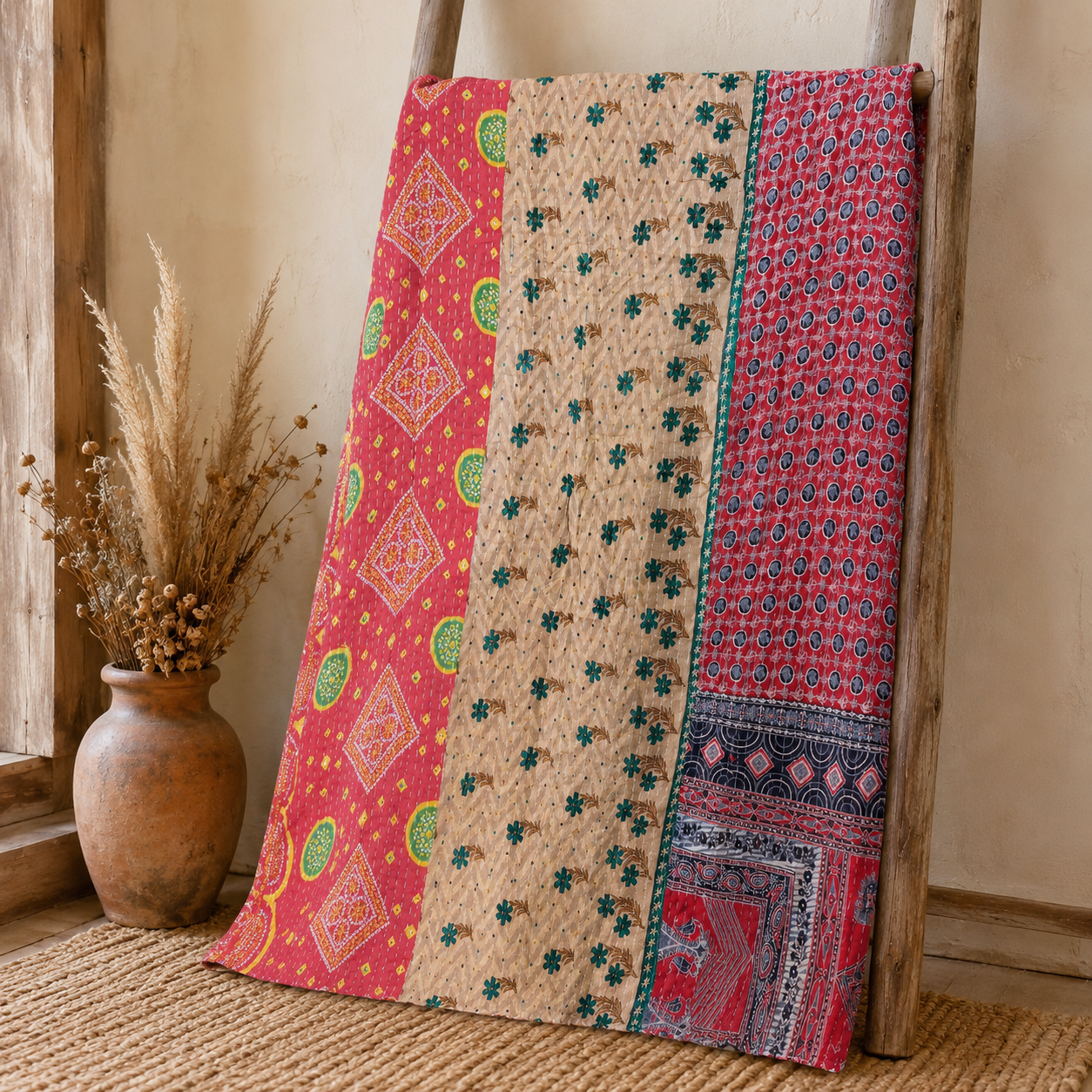 Artisan Collection No. 279 Vintage Kantha Quilt – Hand-Stitched Reversible Sari Throw, Twin | EBY-TW-279 - Image 5