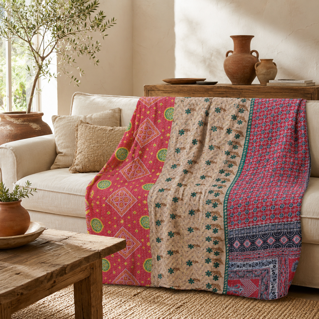 Artisan Collection No. 279 Vintage Kantha Quilt – Hand-Stitched Reversible Sari Throw, Twin | EBY-TW-279