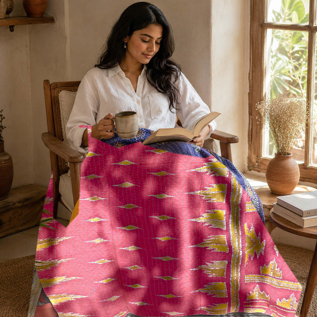 Artisan Collection No. 279 Vintage Kantha Quilt – Hand-Stitched Reversible Sari Throw, Twin | EBY-TW-279 - Image 2