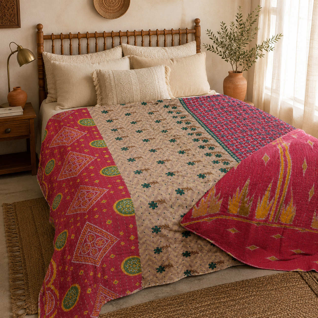 Artisan Collection No. 279 Vintage Kantha Quilt – Hand-Stitched Reversible Sari Throw, Twin | EBY-TW-279 - Image 3