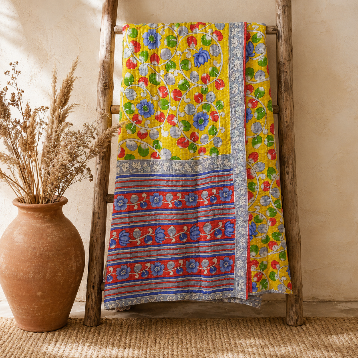 Artisan Collection No. 280 Vintage Kantha Quilt – Hand-Stitched Reversible Sari Throw, Twin | EBY-TW-280 - Image 5