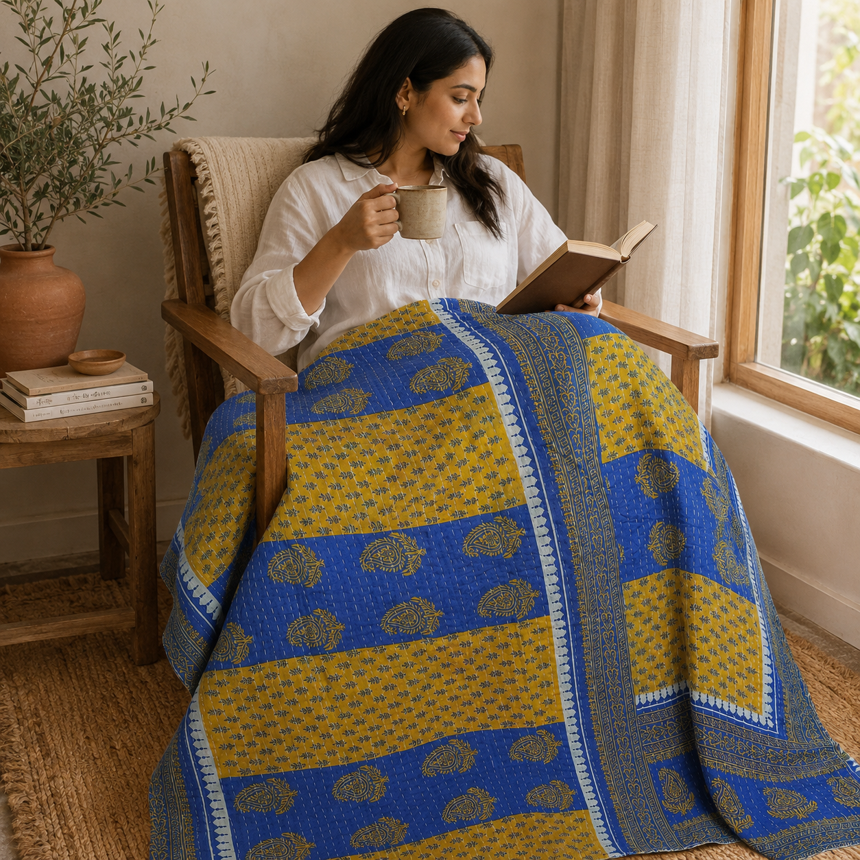 Artisan Collection No. 280 Vintage Kantha Quilt – Hand-Stitched Reversible Sari Throw, Twin | EBY-TW-280 - Image 2