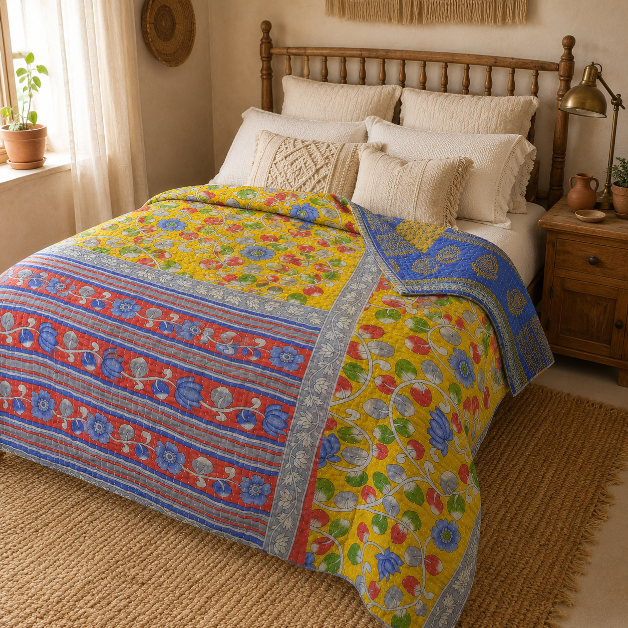 Artisan Collection No. 280 Vintage Kantha Quilt – Hand-Stitched Reversible Sari Throw, Twin | EBY-TW-280 - Image 3