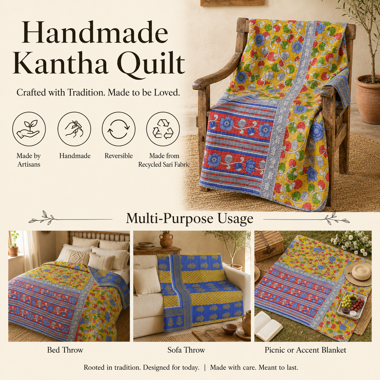 Artisan Collection No. 280 Vintage Kantha Quilt – Hand-Stitched Reversible Sari Throw, Twin | EBY-TW-280 - Image 4