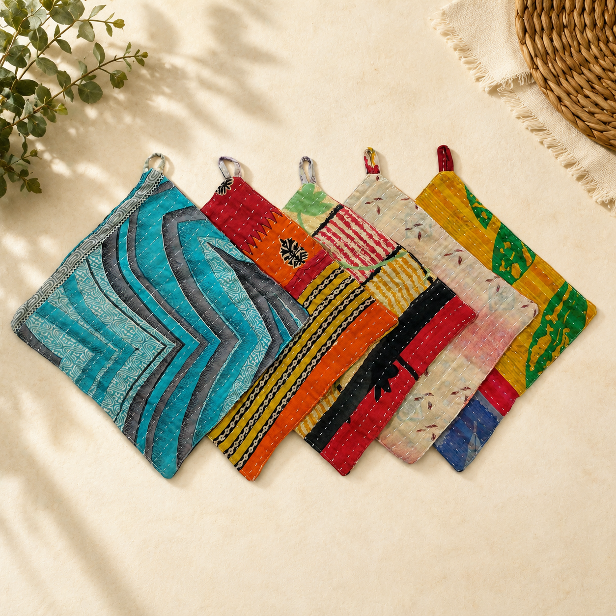 Set of 4 Vintage Kantha Pot Holders – Handmade Cotton Sari Hot Pads - Image 5