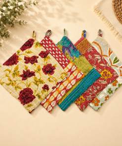 Set of 4 Vintage Kantha Pot Holders – Handmade Cotton Sari Hot Pads