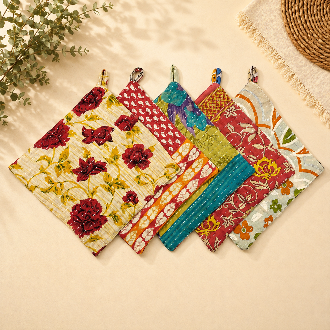 Set of 4 Vintage Kantha Pot Holders – Handmade Cotton Sari Hot Pads