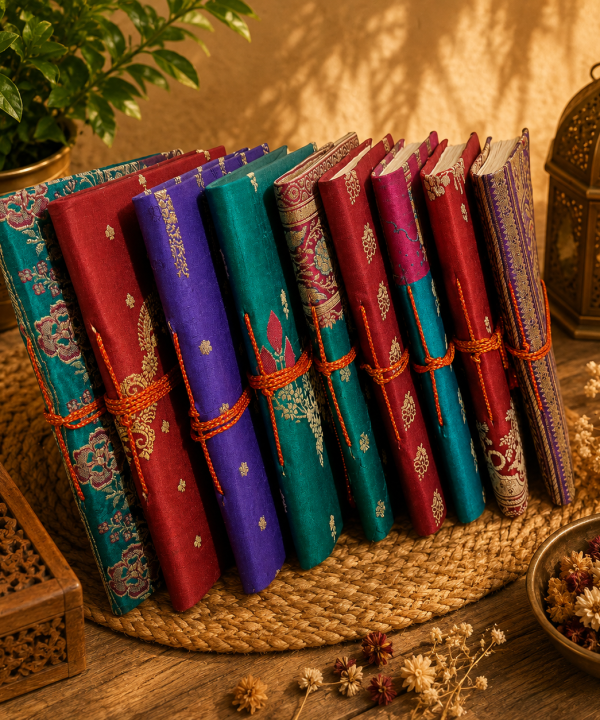 Set of 3 Handmade Indian Fabric Journals – Traditional Brocade Notebook, Vintage Writing Diary, Boho Handmade Journal
