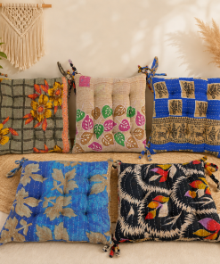 Alternative view of Vintage Kantha Chair Pad 15x15 Inches with Ties – Handmade Cotton Patchwork Seat Cushion – Boho Indian Chair Cushion – 1 Piece