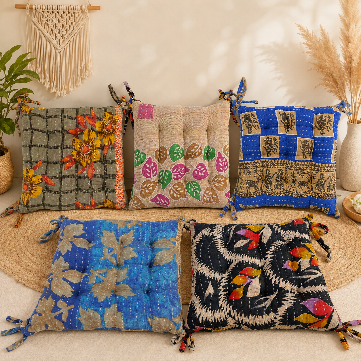 Vintage Kantha Chair Pad 15x15 Inches with Ties – Handmade Cotton Patchwork Seat Cushion – Boho Indian Chair Cushion – 1 Piece - Image 2